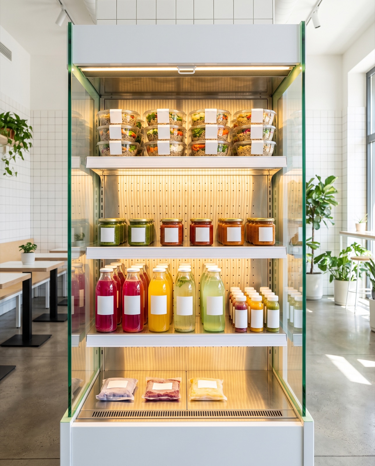 Refrigerador de vidrio con comidas listas, salsas, bebidas y congelados
