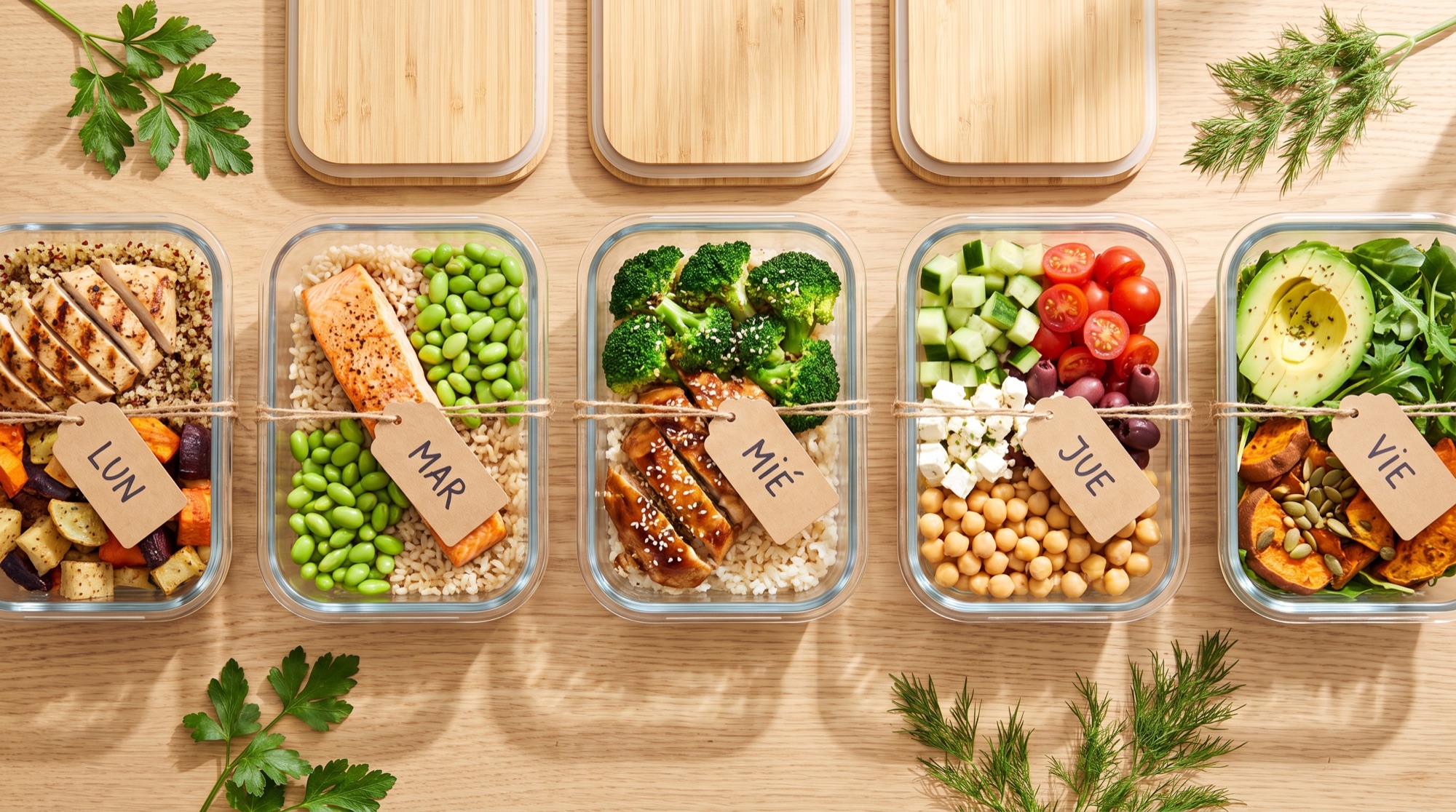 Cinco contenedores de vidrio con comidas de la semana etiquetadas LUN a VIE